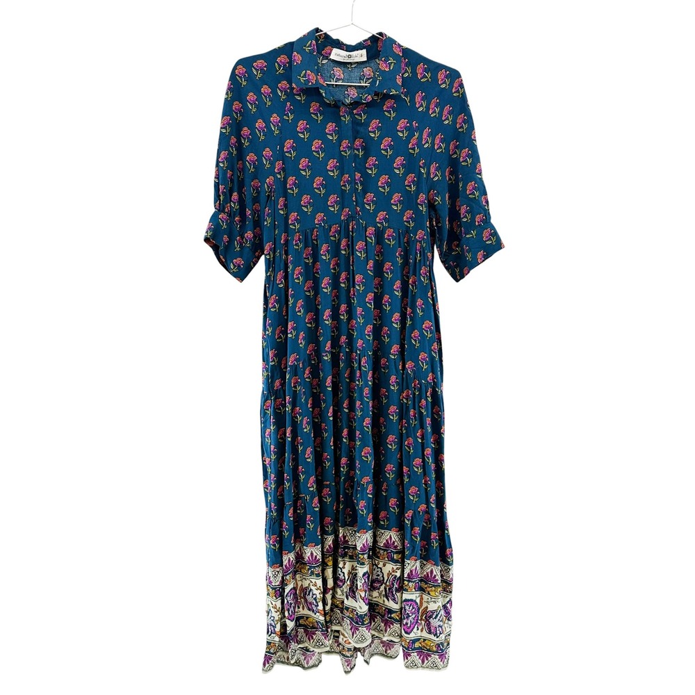 NATURAL LIFE Rebecca Floral Midi Dress • Small • blue pink Boho cottage prairie